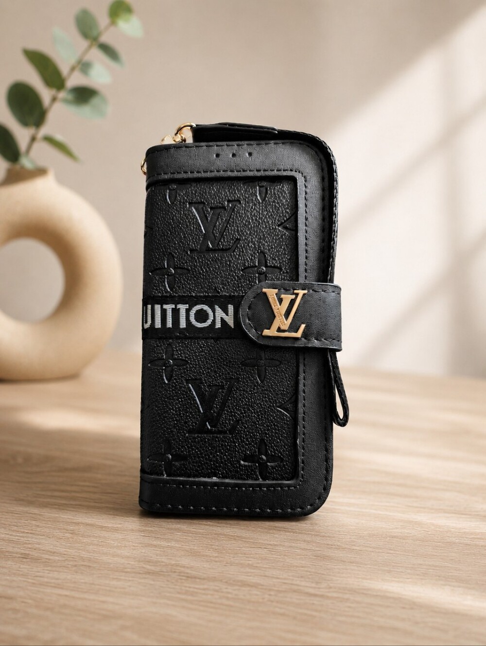 Designer Inspired Black Leather Zip 15 PRO MAX Phone Wallet with Gold  Accent